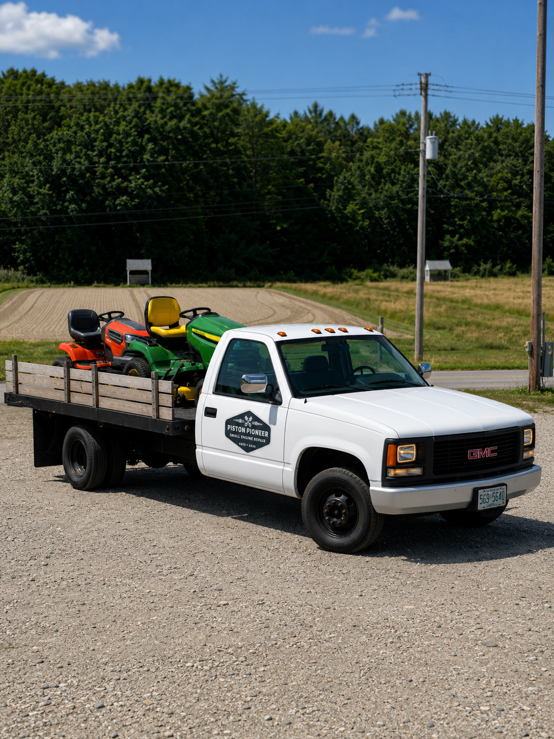 Piston Pioneer flatbed truck loaded with riding mowers